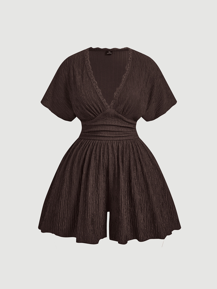 SHEIN MOD Plus Size Women's V-Neck Lace Trim Batwing Sleeve Jumpsuit, Apricot, Casual Wear - Chocolate Brown - View 2