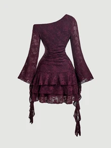 SHEIN MOD Plus Size Women Solid Color One Shoulder Ruffle Sexy Date Dress Fall - Purple - View 2