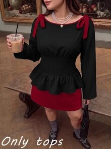 SHEIN MOD 大尺碼秋季休閒蝴蝶結繫帶襯衫 - 黑色 - 查看 11