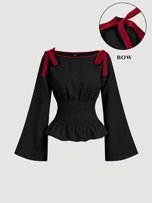SHEIN MOD 大尺碼秋季休閒蝴蝶結繫帶襯衫 - 黑色 - 查看 6