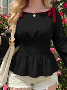 SHEIN MOD 大尺碼秋季休閒蝴蝶結繫帶襯衫 - 黑色 - 查看 8