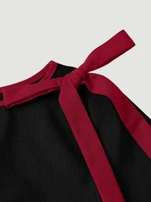 SHEIN MOD 大尺碼秋季休閒蝴蝶結繫帶襯衫 - 黑色 - 查看 4