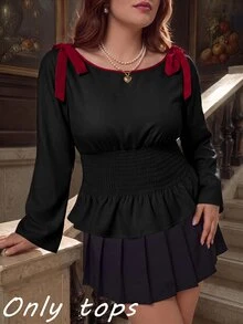 SHEIN MOD 大尺碼秋季休閒蝴蝶結繫帶襯衫 - 黑色 - 查看 9