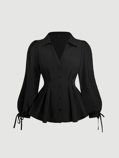 SHEIN MOD Women's Plus Size Elegant Long Sleeve Shirt, Fitted Waist Belt Puff Sleeve Blouse Fall
