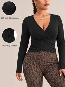 Pariaura Women's Plus-Size Black Slim-Fit Long-Sleeve Athletic Top With Waist-Cinching Design-Suitable As A Base Layer For Fitness And Yoga In Autumn/Winter - Black - View 4