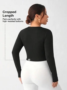 Pariaura Women's Plus-Size Black Slim-Fit Long-Sleeve Athletic Top With Waist-Cinching Design-Suitable As A Base Layer For Fitness And Yoga In Autumn/Winter - Black - View 3