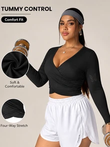 Pariaura Women's Plus-Size Black Slim-Fit Long-Sleeve Athletic Top With Waist-Cinching Design-Suitable As A Base Layer For Fitness And Yoga In Autumn/Winter - Black - View 5