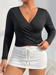 Pariaura Women's Plus-Size Black Slim-Fit Long-Sleeve Athletic Top With Waist-Cinching Design-Suitable As A Base Layer For Fitness And Yoga In Autumn/Winter - Black - View 7