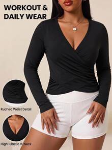 Pariaura Women's Plus-Size Black Slim-Fit Long-Sleeve Athletic Top With Waist-Cinching Design-Suitable As A Base Layer For Fitness And Yoga In Autumn/Winter - Black - View 2