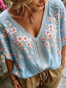 Selamara Plus Size Women's Fashion Deep V-Neck Placed Print Short Sleeve Top - Blue - View 4