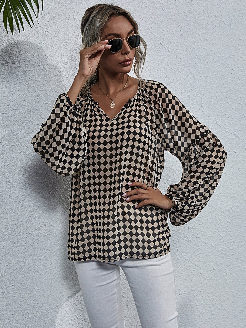 Notched Checker Bishop Sleeve Chiffon Blouse,Long Sleeve Tops Fall Cloth For Women