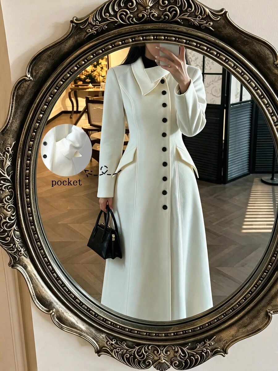 Elenzga 1pc Solid Single Breasted Front Longline Overcoat - Beige - View 1