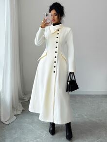 Elenzga 1pc Solid Single Breasted Front Longline Overcoat - Beige - View 3