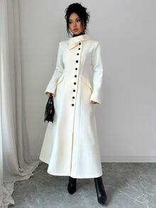 Elenzga 1pc Solid Single Breasted Front Longline Overcoat - Beige - View 8