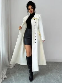 Elenzga 1pc Solid Single Breasted Front Longline Overcoat - Beige - View 6