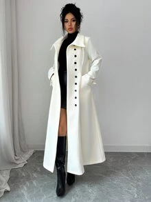 Elenzga 1pc Solid Single Breasted Front Longline Overcoat - Beige - View 5