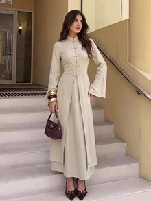 Siren Gaze Women's Frog Button Long Sleeve Fashion Shirt And Long Skirt 2 Pieces Set Dinner Day Party Brunch Tea Party Formal Beige Fall Elegant Modest - Apricot - View 4