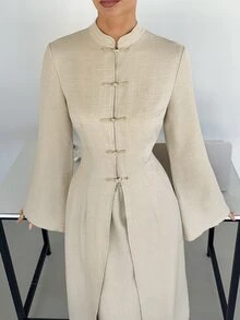 Siren Gaze Women's Frog Button Long Sleeve Fashion Shirt And Long Skirt 2 Pieces Set Dinner Day Party Brunch Tea Party Formal Beige Fall Elegant Modest - Apricot - View 7