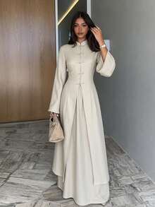 Siren Gaze Women's Frog Button Long Sleeve Fashion Shirt And Long Skirt 2 Pieces Set Dinner Day Party Brunch Tea Party Formal Beige Fall Elegant Modest - Apricot - View 2