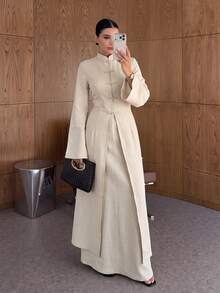 Siren Gaze Women's Frog Button Long Sleeve Fashion Shirt And Long Skirt 2 Pieces Set Dinner Day Party Brunch Tea Party Formal Beige Fall Elegant Modest - Apricot - View 5