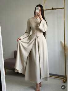 Siren Gaze Women's Frog Button Long Sleeve Fashion Shirt And Long Skirt 2 Pieces Set Dinner Day Party Brunch Tea Party Formal Beige Fall Elegant Modest - Apricot - View 1