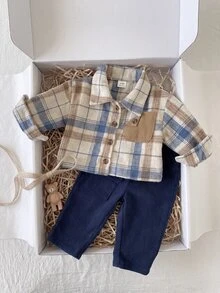 SHEIN Playful Pals 2pcs Baby Boy Toddler Plaid Shirt Pants Preppy Cute Navy Blue Beige Brown Checkered Corduroy Long Sleeve Lapel Wedding Fall Winter Christmas Holiday - Navy Blue - View 9