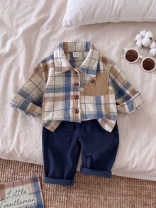 SHEIN Playful Pals 2pcs Baby Boy Toddler Plaid Shirt Pants Preppy Cute Navy Blue Beige Brown Checkered Corduroy Long Sleeve Lapel Wedding Fall Winter Christmas Holiday - Navy Blue - View 5