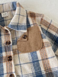 SHEIN Playful Pals 2pcs Baby Boy Toddler Plaid Shirt Pants Preppy Cute Navy Blue Beige Brown Checkered Corduroy Long Sleeve Lapel Wedding Fall Winter Christmas Holiday - Navy Blue - View 8