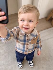SHEIN Playful Pals 2pcs Baby Boy Toddler Plaid Shirt Pants Preppy Cute Navy Blue Beige Brown Checkered Corduroy Long Sleeve Lapel Wedding Fall Winter Christmas Holiday - Navy Blue - View 3