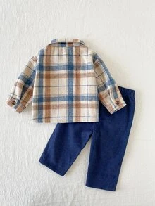 SHEIN Playful Pals 2pcs Baby Boy Toddler Plaid Shirt Pants Preppy Cute Navy Blue Beige Brown Checkered Corduroy Long Sleeve Lapel Wedding Fall Winter Christmas Holiday - Navy Blue - View 2
