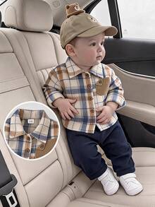 SHEIN Playful Pals 2pcs Baby Boy Toddler Plaid Shirt Pants Preppy Cute Navy Blue Beige Brown Checkered Corduroy Long Sleeve Lapel Wedding Fall Winter Christmas Holiday - Navy Blue - View 1
