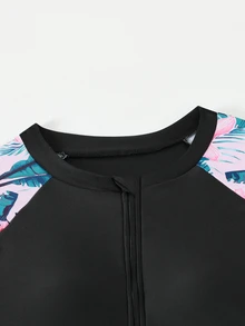 SHEIN 青少年女孩坦基尼泳裝，保守防曬，黑色底色配熱帶葉子與蘭花印花，前拉鍊上衣配高腰裙底，2件套，時尚、休閒、酷，適合游泳、夏季度假、海灘、泳池派對 - 黑色 - 查看 3