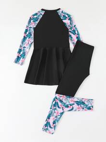 SHEIN 青少年女孩坦基尼泳裝，保守防曬，黑色底色配熱帶葉子與蘭花印花，前拉鍊上衣配高腰裙底，2件套，時尚、休閒、酷，適合游泳、夏季度假、海灘、泳池派對 - 黑色 - 查看 2
