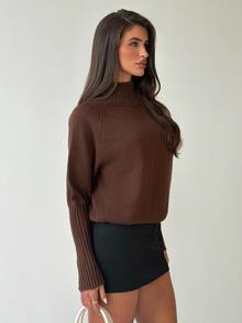 Firerie Women's Solid Color High Neck Long Sleeve Knit Sweater Dark Brown Autumn/Winter Casual Daily Modern Commute Sweater Layerable Turtleneck Pullover - Brown - View 7