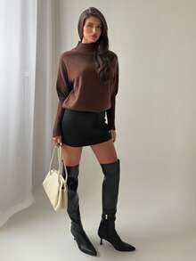 Firerie Women's Solid Color High Neck Long Sleeve Knit Sweater Dark Brown Autumn/Winter Casual Daily Modern Commute Sweater Layerable Turtleneck Pullover - Brown - View 4