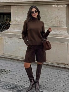 Firerie Women's Solid Color High Neck Long Sleeve Knit Sweater Dark Brown Autumn/Winter Casual Daily Modern Commute Sweater Layerable Turtleneck Pullover - Brown - View 8