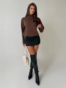 Firerie Women's Solid Color High Neck Long Sleeve Knit Sweater Dark Brown Autumn/Winter Casual Daily Modern Commute Sweater Layerable Turtleneck Pullover - Brown - View 9