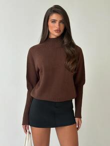 Firerie Women's Solid Color High Neck Long Sleeve Knit Sweater Dark Brown Autumn/Winter Casual Daily Modern Commute Sweater Layerable Turtleneck Pullover - Brown - View 3