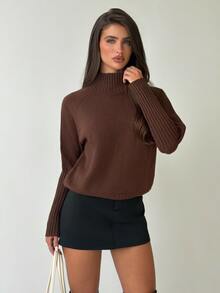 Firerie Women's Solid Color High Neck Long Sleeve Knit Sweater Dark Brown Autumn/Winter Casual Daily Modern Commute Sweater Layerable Turtleneck Pullover - Brown - View 6