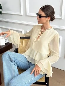 Serisse Women's Gentle French Style Ruffle Hem Tie Front Blouse,Solid Lettuce Trim Tie Neck Flare Sleeve Ruffle Hem Long Sleeve Chiffon Blouse - Light Yellow - View 8