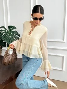 Serisse Women's Gentle French Style Ruffle Hem Tie Front Blouse,Solid Lettuce Trim Tie Neck Flare Sleeve Ruffle Hem Long Sleeve Chiffon Blouse - Light Yellow - View 7