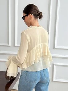 Serisse Women's Gentle French Style Ruffle Hem Tie Front Blouse,Solid Lettuce Trim Tie Neck Flare Sleeve Ruffle Hem Long Sleeve Chiffon Blouse - Light Yellow - View 2