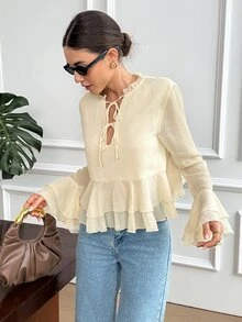 Serisse Women's Gentle French Style Ruffle Hem Tie Front Blouse,Solid Lettuce Trim Tie Neck Flare Sleeve Ruffle Hem Long Sleeve Chiffon Blouse - Light Yellow - View 6