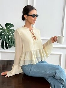 Serisse Women's Gentle French Style Ruffle Hem Tie Front Blouse,Solid Lettuce Trim Tie Neck Flare Sleeve Ruffle Hem Long Sleeve Chiffon Blouse - Light Yellow - View 5