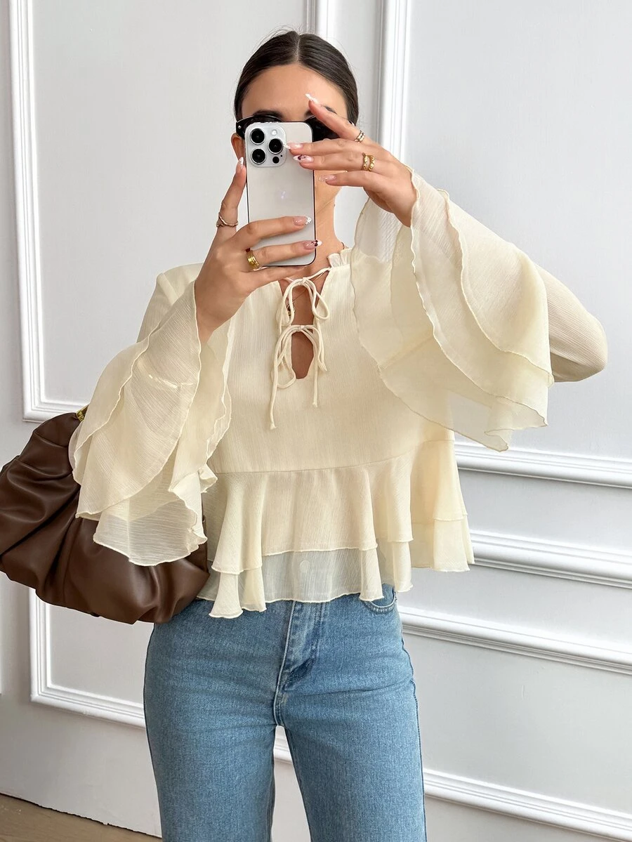 Serisse Women's Gentle French Style Ruffle Hem Tie Front Blouse,Solid Lettuce Trim Tie Neck Flare Sleeve Ruffle Hem Long Sleeve Chiffon Blouse - Light Yellow - View 1