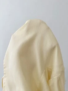 Serisse Women's Gentle French Style Ruffle Hem Tie Front Blouse,Solid Lettuce Trim Tie Neck Flare Sleeve Ruffle Hem Long Sleeve Chiffon Blouse - Light Yellow - View 9