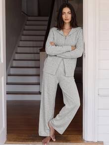 Livesso Women's Zip-Up Front Long Sleeve Knit Cardigan And Knit Pants Loungewear Set - Grey - View 5