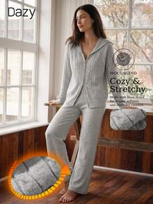 Livesso Women's Zip-Up Front Long Sleeve Knit Cardigan And Knit Pants Loungewear Set - Grey - View 3