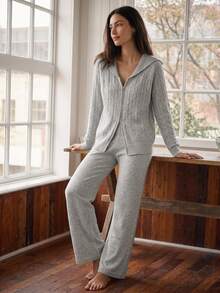 Livesso Women's Zip-Up Front Long Sleeve Knit Cardigan And Knit Pants Loungewear Set - Grey - View 12