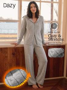 Livesso Women's Zip-Up Front Long Sleeve Knit Cardigan And Knit Pants Loungewear Set - Grey - View 4